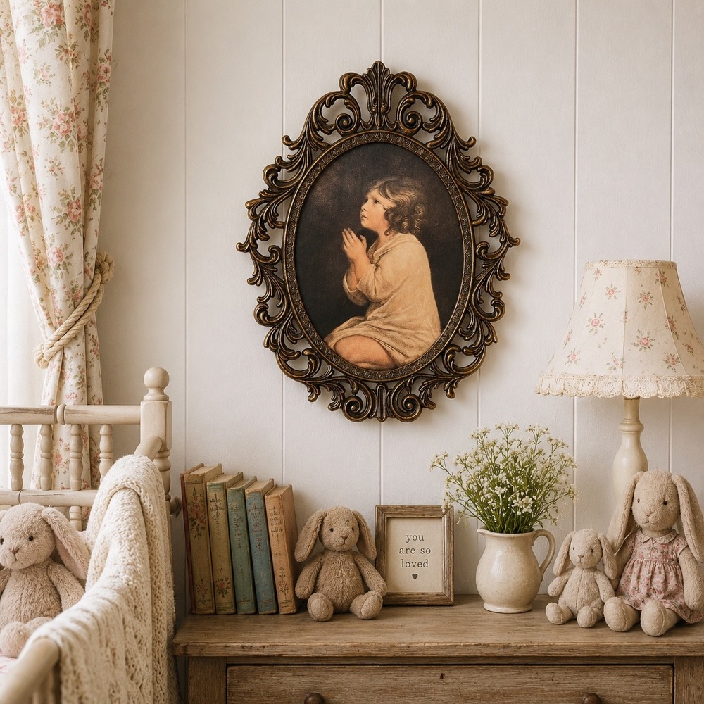 VTG Italian Brass Oval Picture Frame Convex Bubble Glass Infant Samuel Print